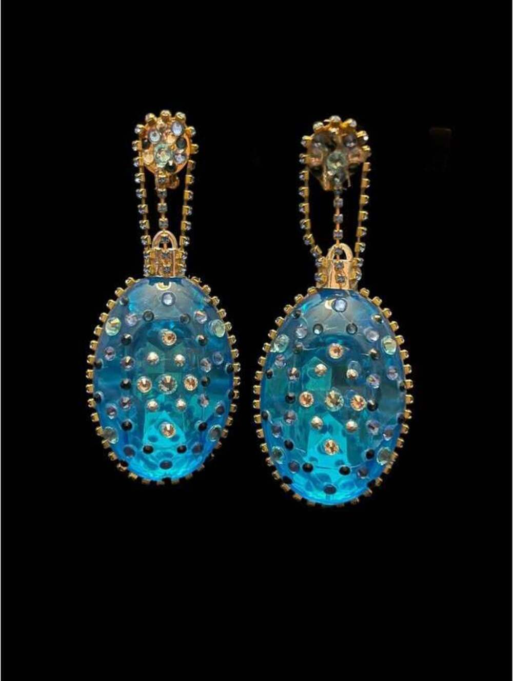 Large Blue Rhinestone Drop Clip On Earrings
